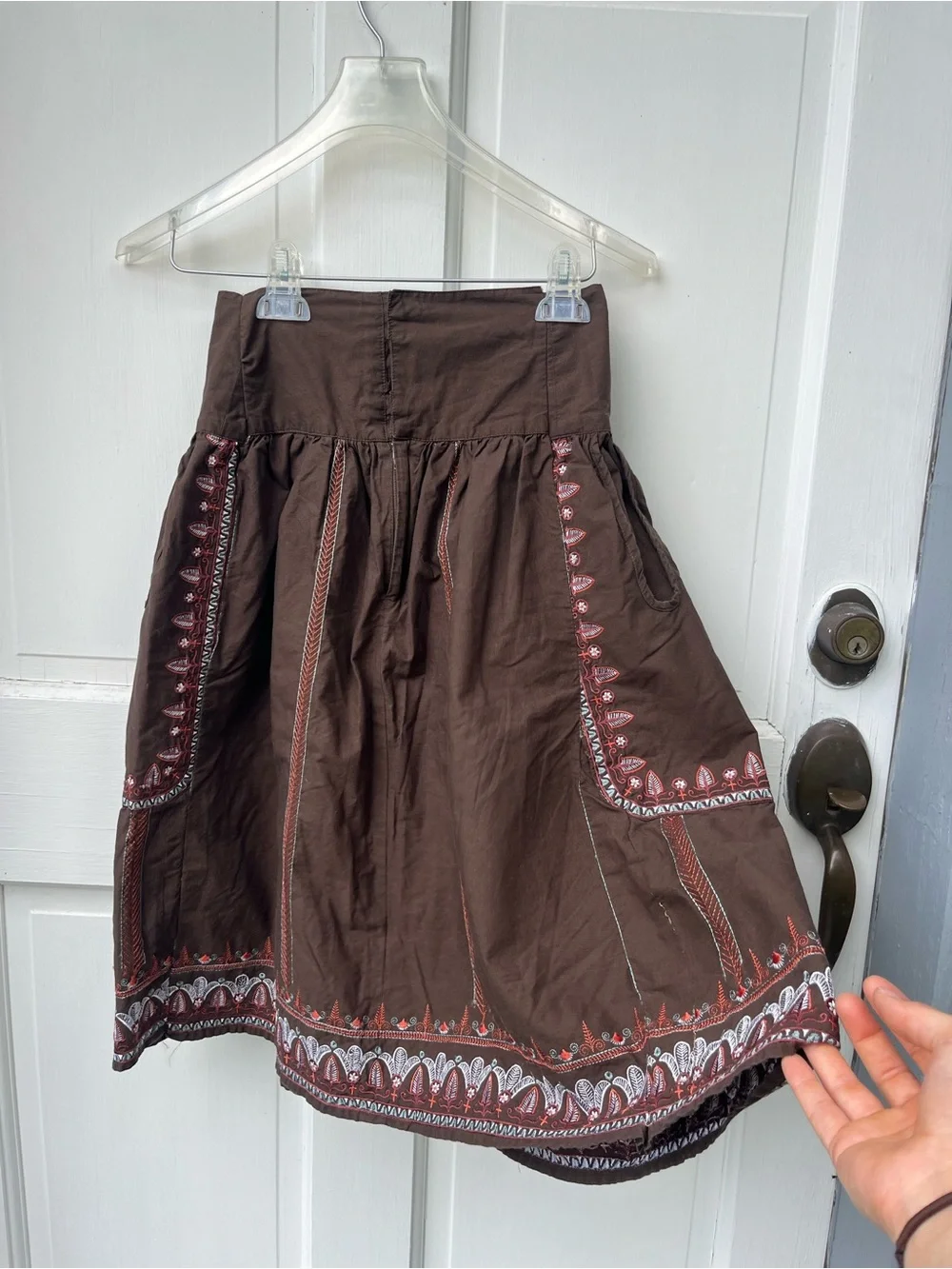 Handmade Embroidered Brown Cotton A-Line Skirt